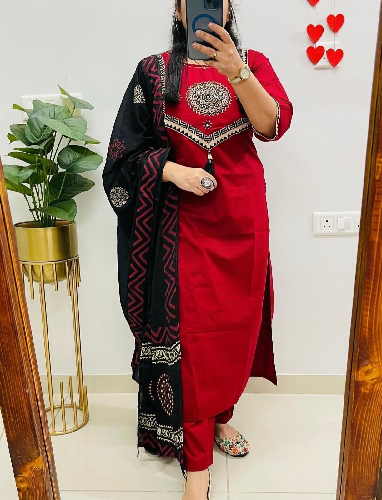 Red Handwork Cotton Suit Set